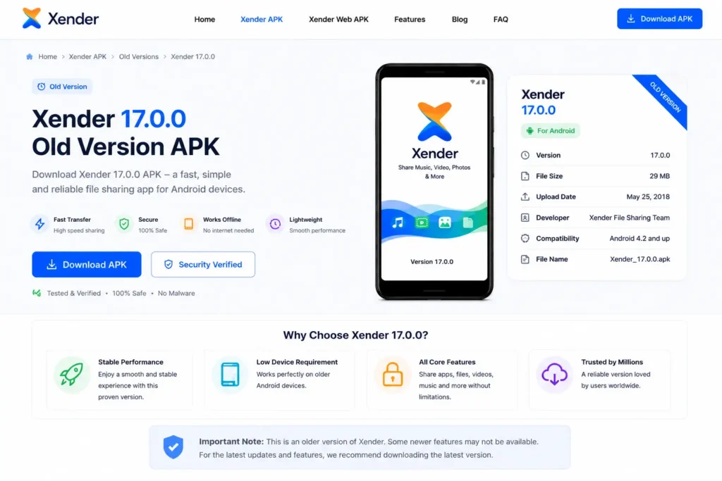 Xender old version 17.0.0
